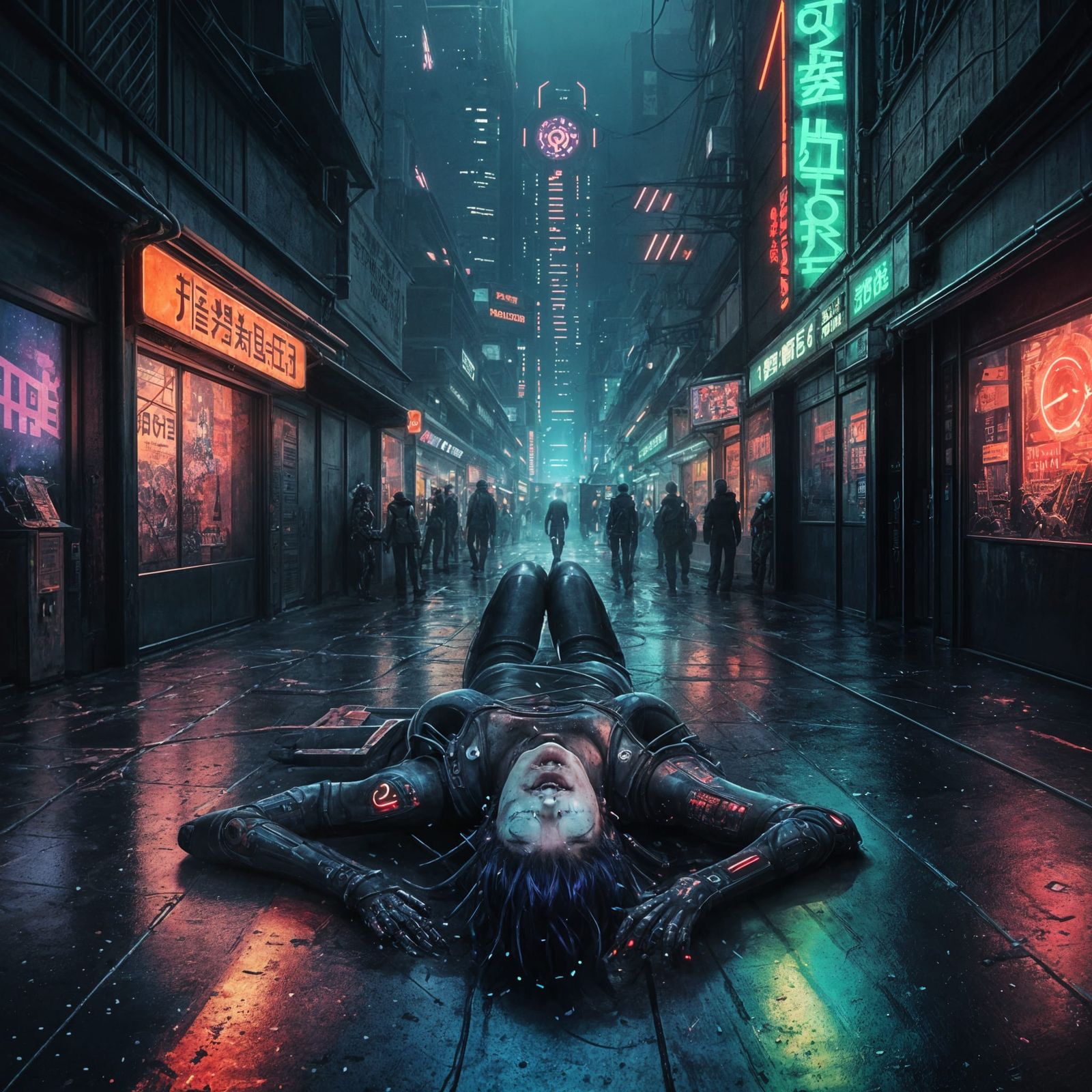 Cyborg Girl in Cyberpunk Marketplace: Anime Style