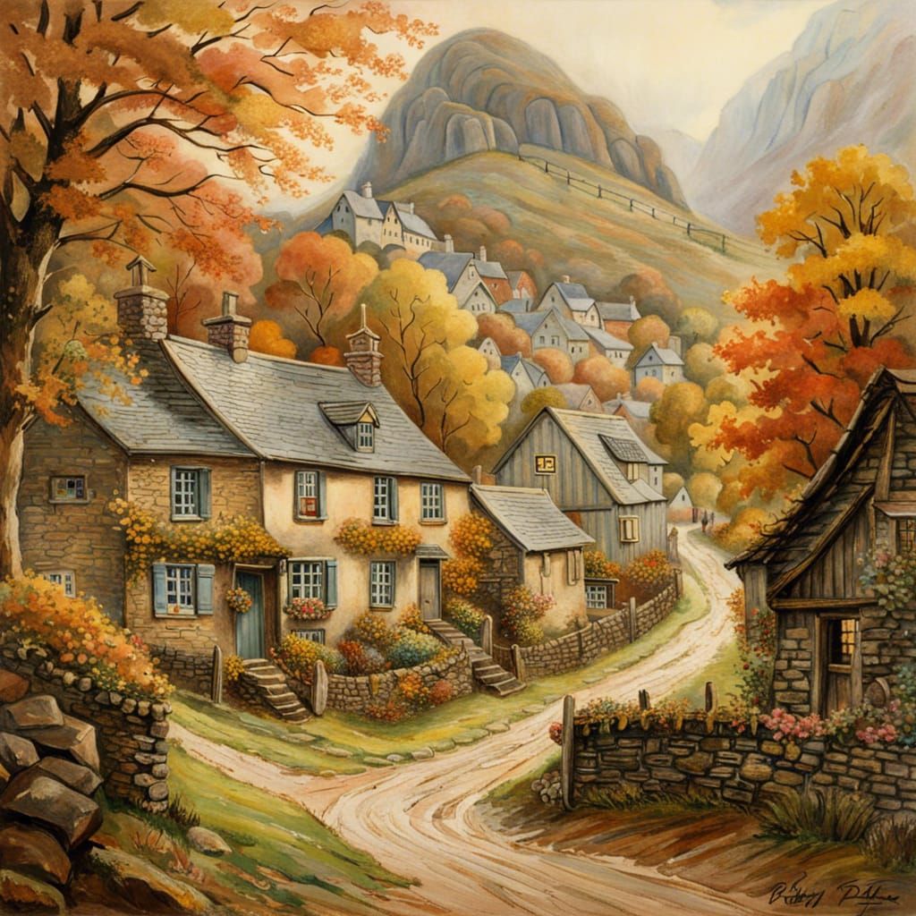 Quaint Mountain Village in Beatrix Potter Style