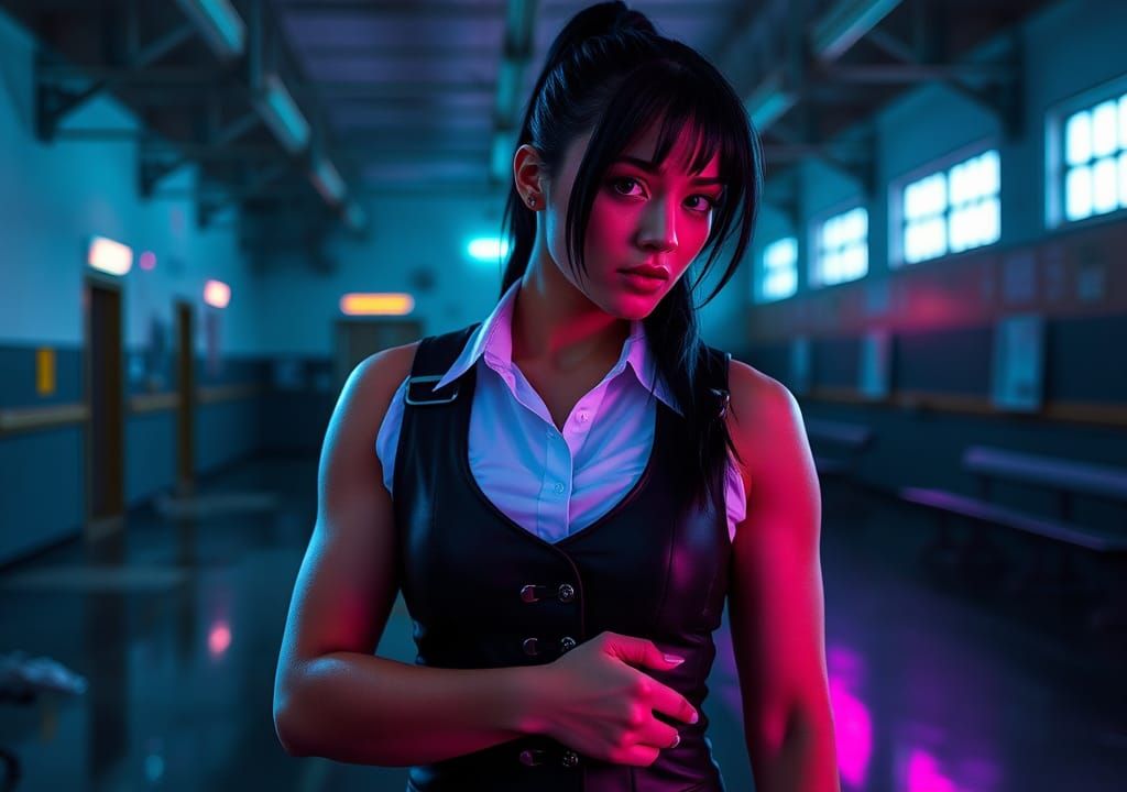 Synthwave Woman in Abandoned School: Cinematic Film Still