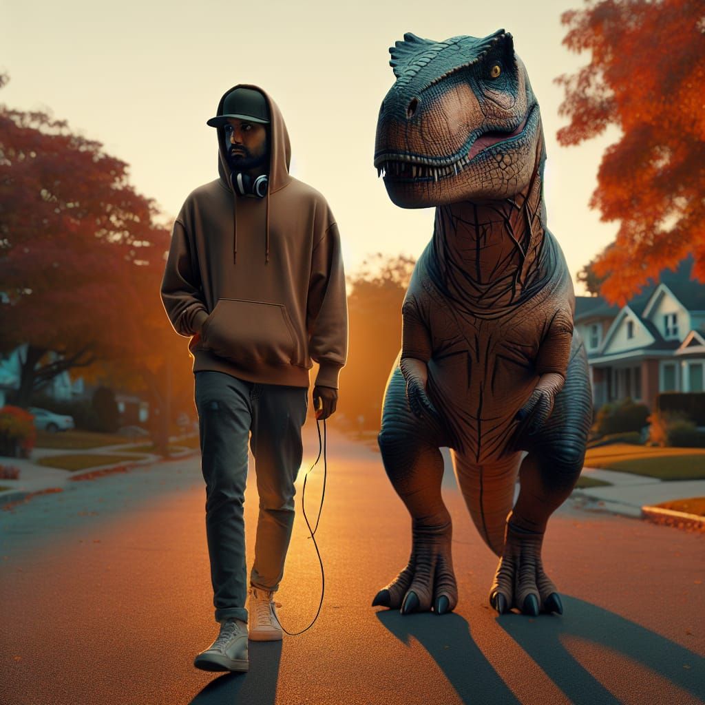 Man Walks Dinosaur in Golden Autumn Light