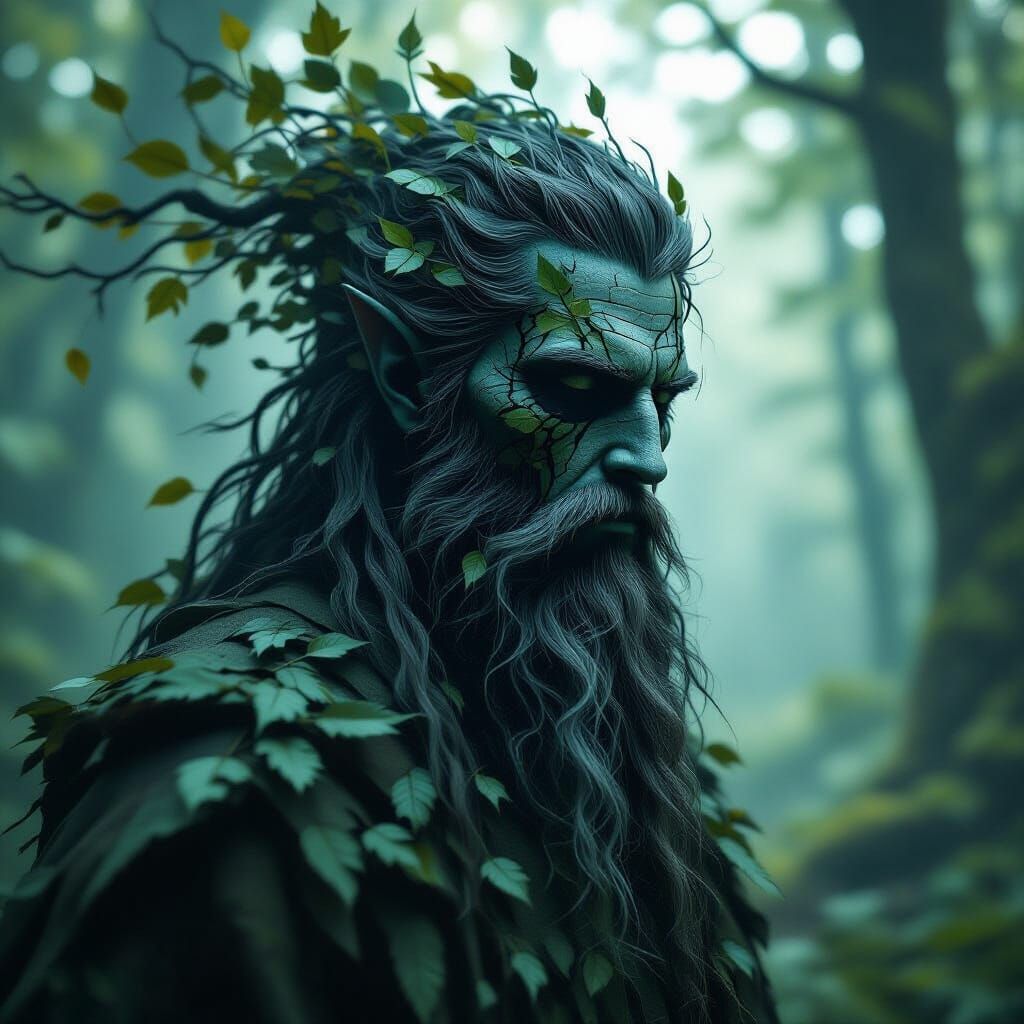 Druid Dissolving Into Vortex of Leaves, Glitch Art