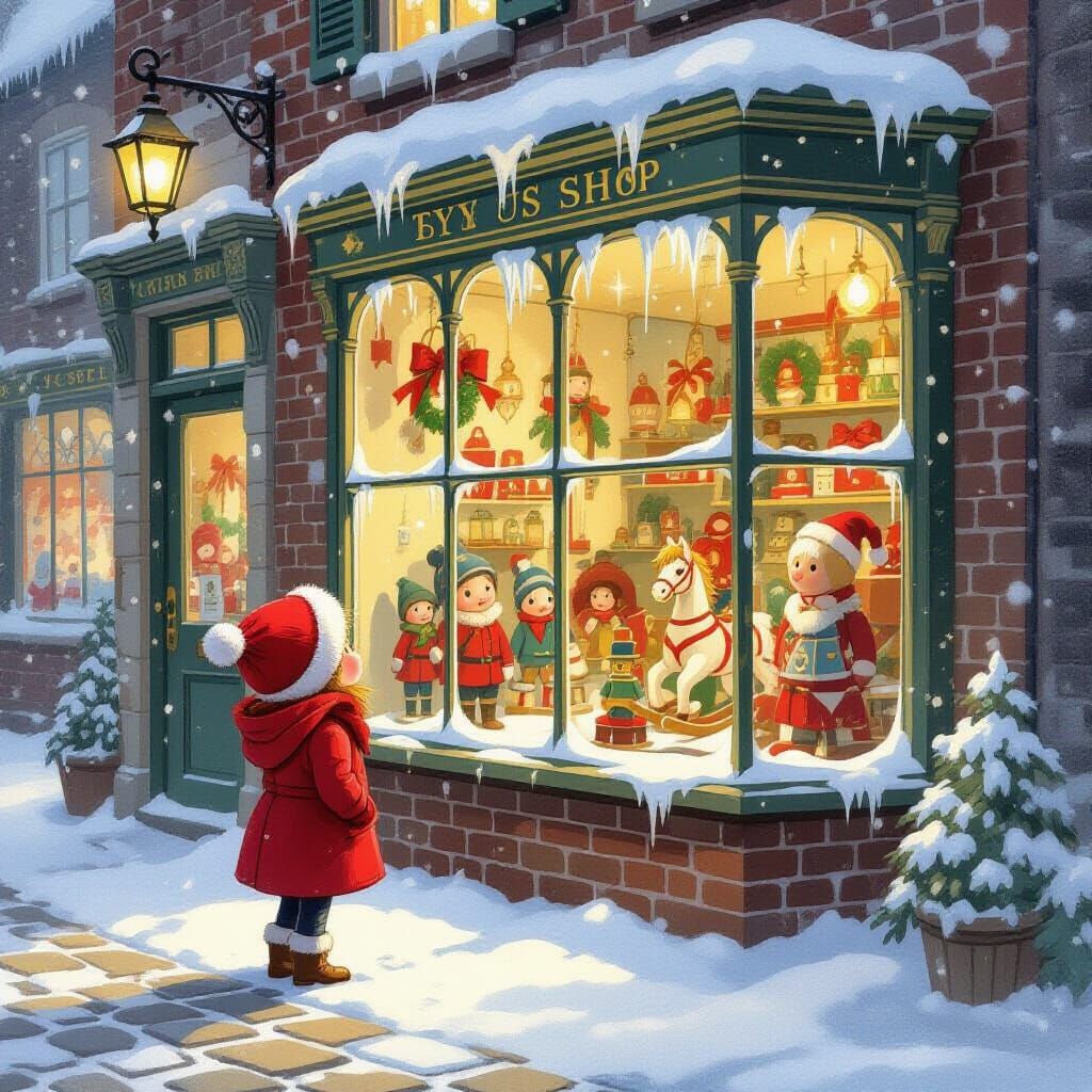 Child Gazes at Toy Shop Window on Christmas Eve