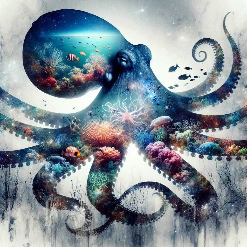 Cosmic Octopus in Double Exposure Art