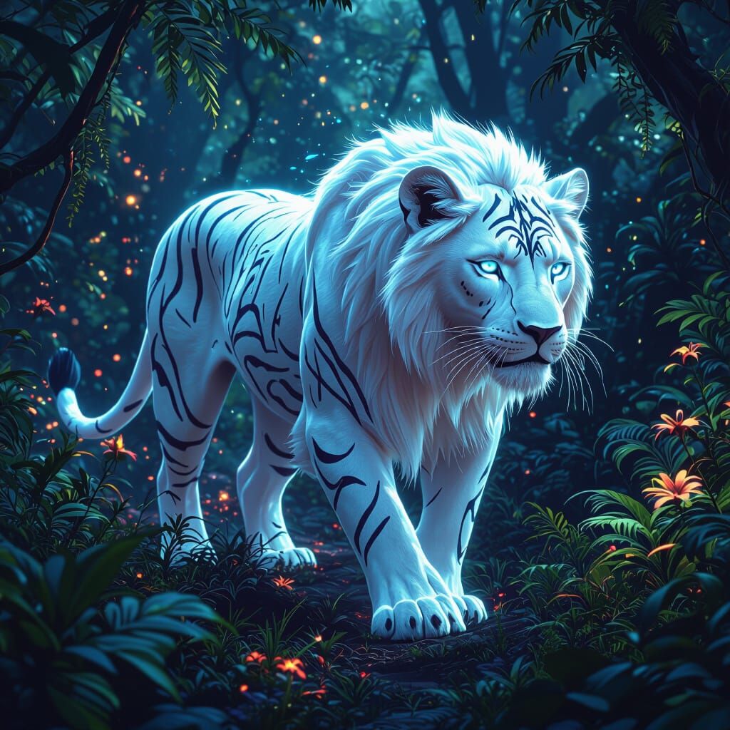 Bioluminescent Lioness in Alien Jungle, Dark Fantasy Art