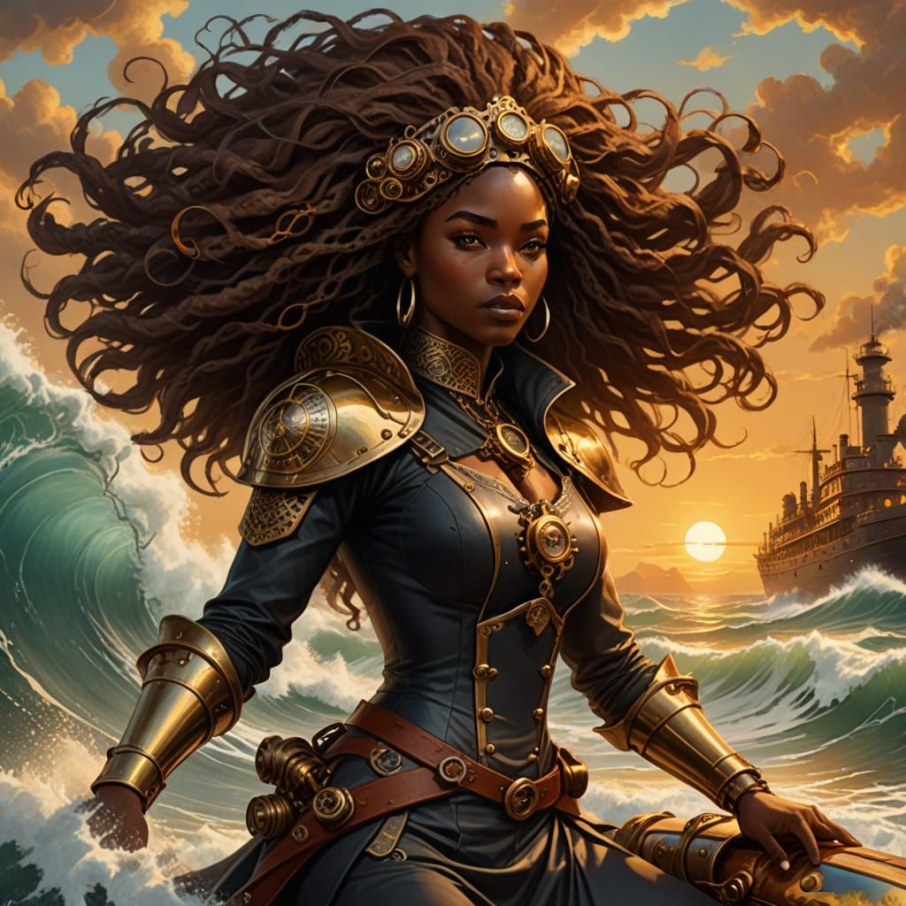 Steampunk Surfer Goddess Riding Industrial Waves