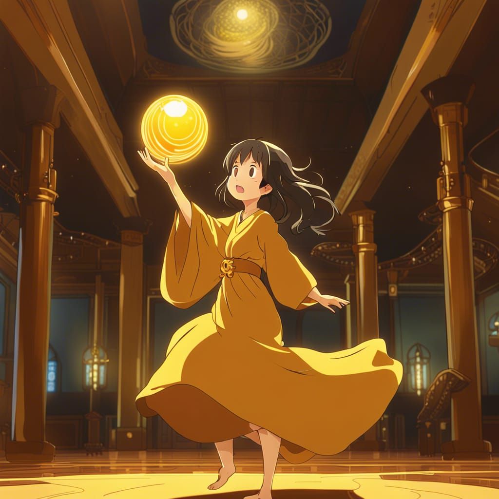 Golden Witch Dancing in a Ghibli-Style Hall