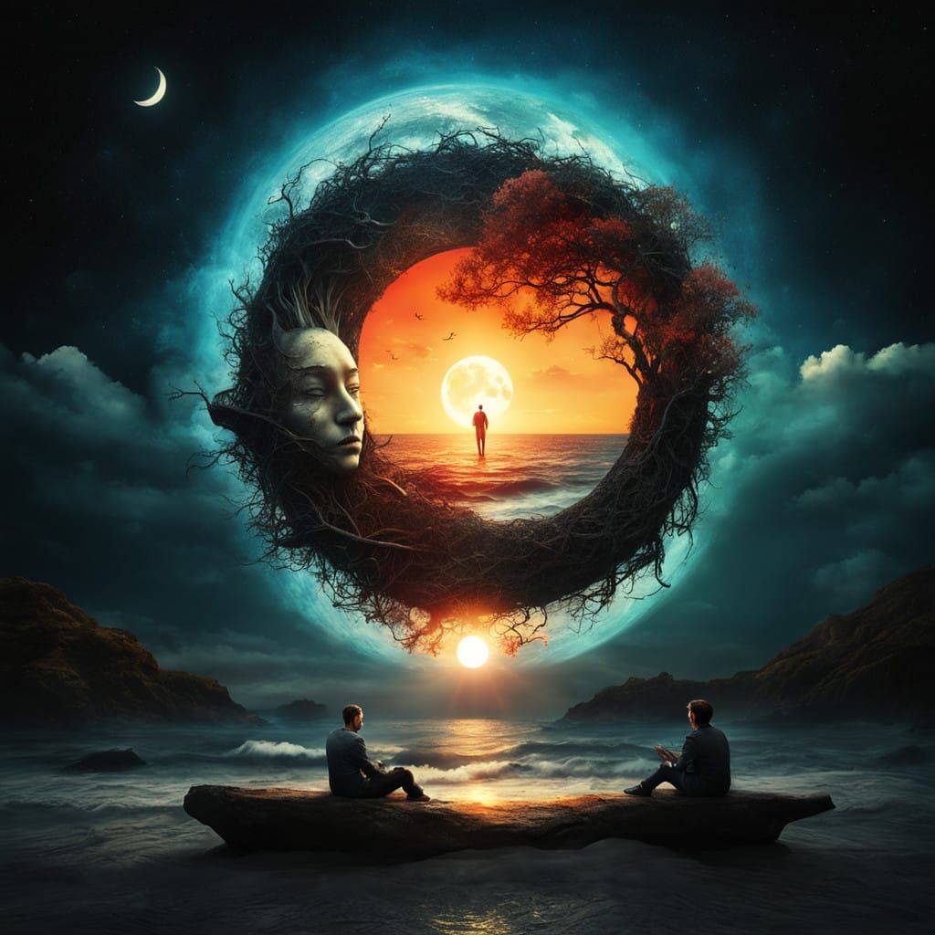 Surreal Sunset Beach Scene with Yin Yang Symbols