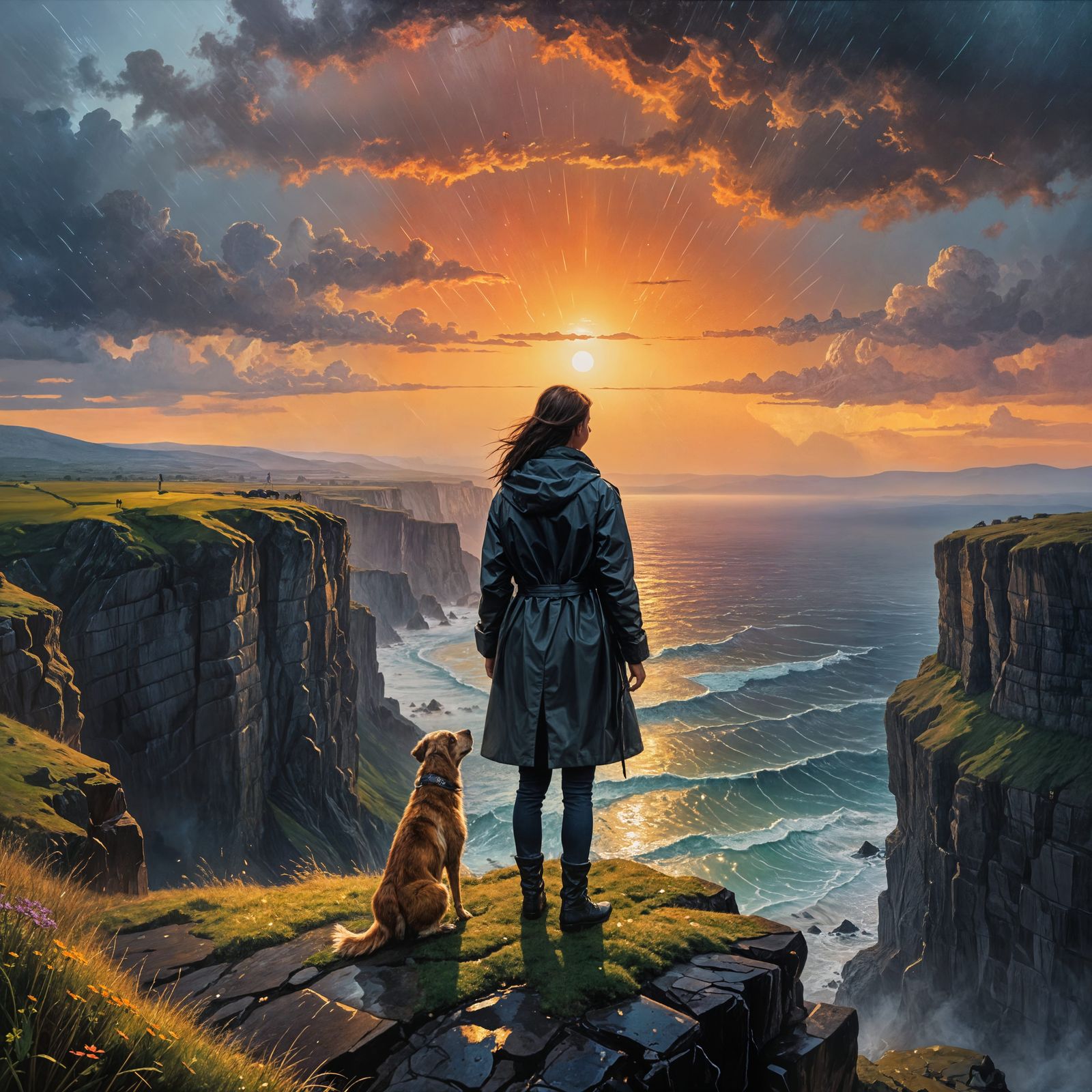 Woman and Dog Stand on Cliff's Edge, Gazing at a Magical Sun...