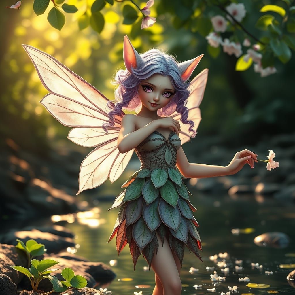 Wood Elf Fairy Dances in Sunlight, Art Nouveau Style