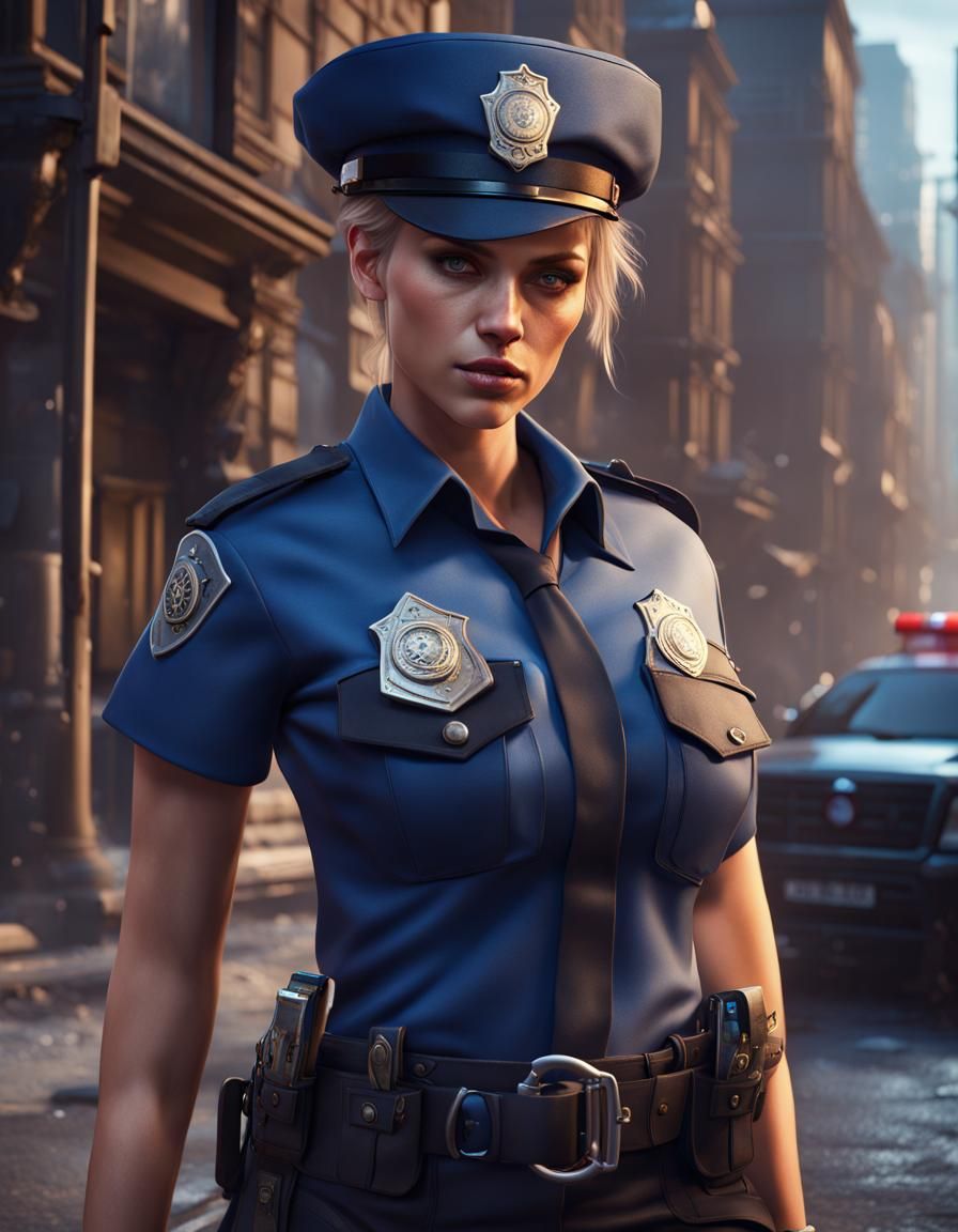 Naughty Policewoman with Handcuffs: Detailed Matte Painting