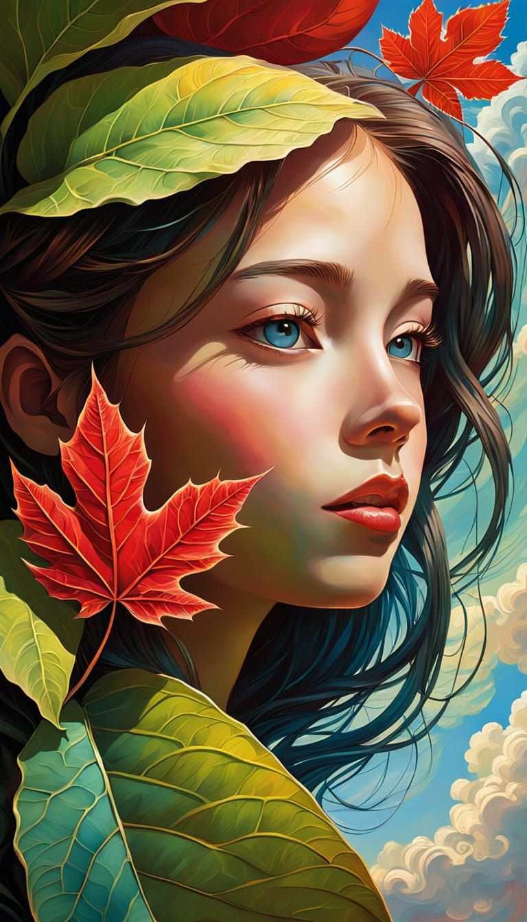 Child's Face Imprinted on Red Leaf in Neo-Impressionism