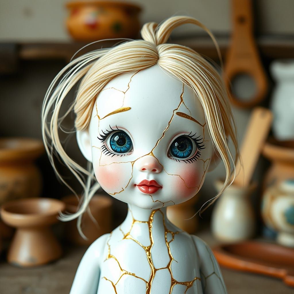Kintsugi Doll: Whimsical Porcelain Art with Gold