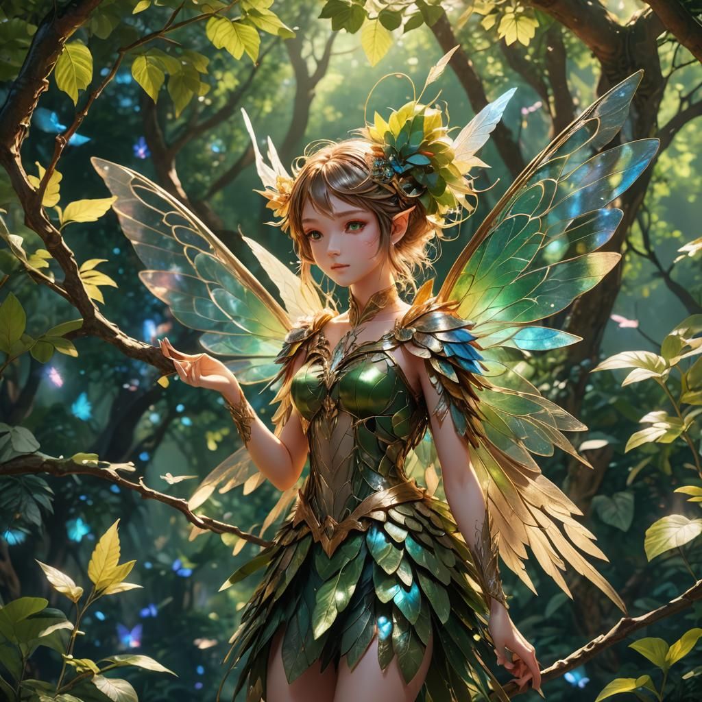 Anime Fairy with Delicate Wings in Lush Greenery