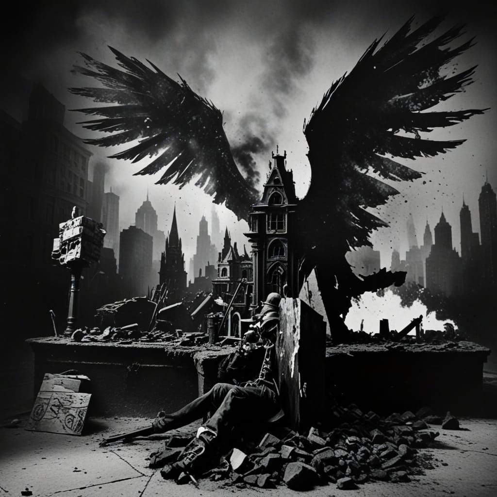 Ruined Cityscape in Film Noir Steampunk Style