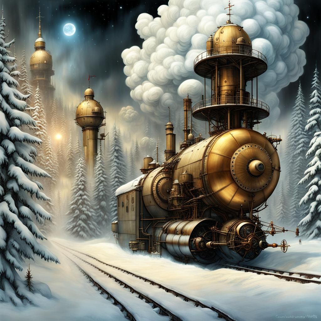 Snowy Steampunk Environment in Dramatic Lighting