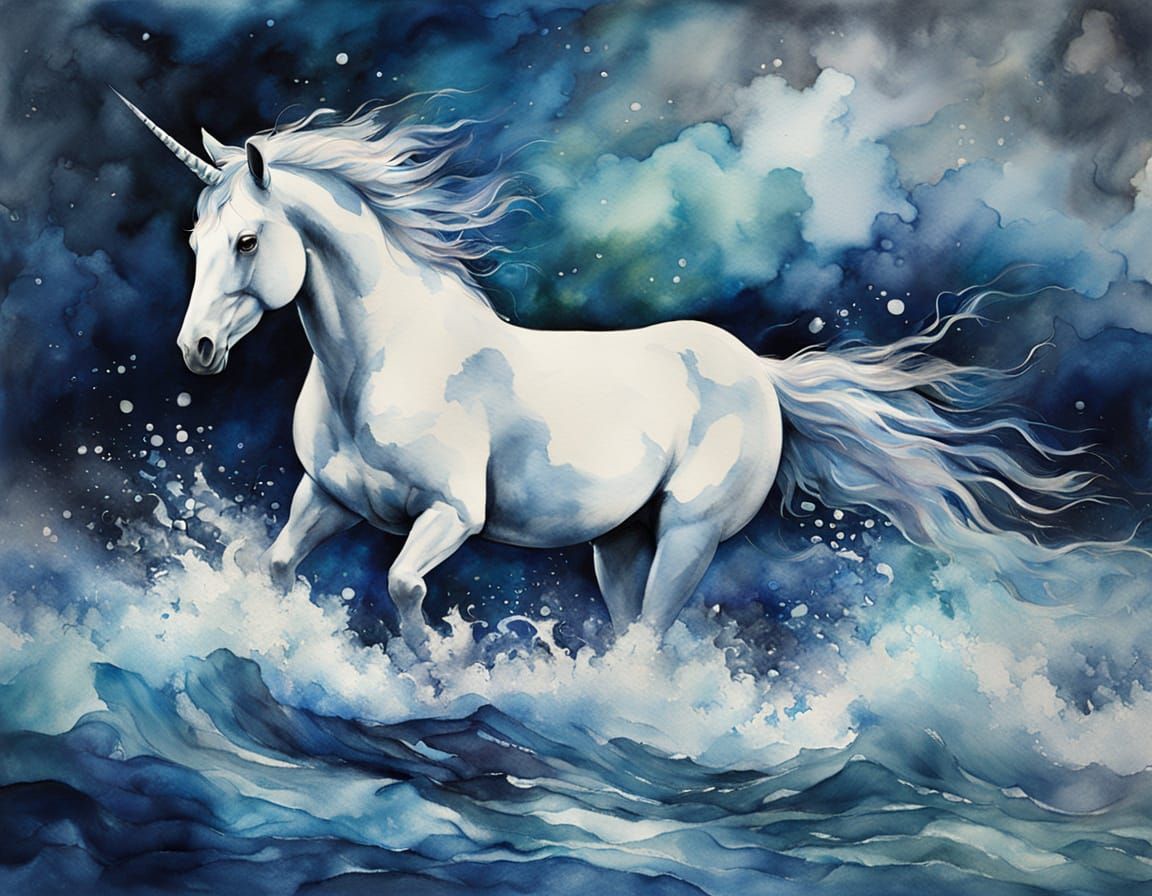 Encaustic Unicorn Gallops Through Stormy Sea