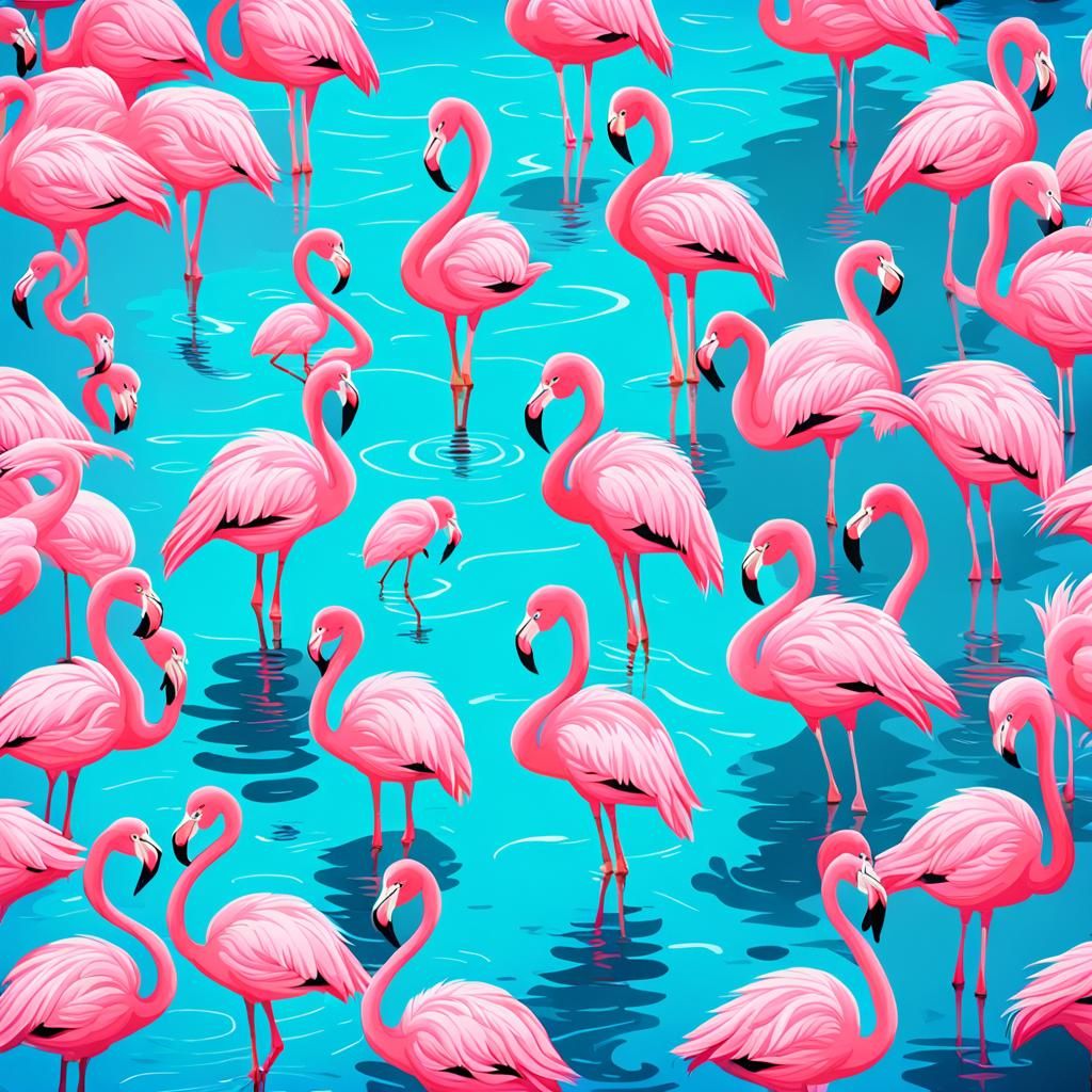 A huge pink pool seen from above with flamingos swimming in it