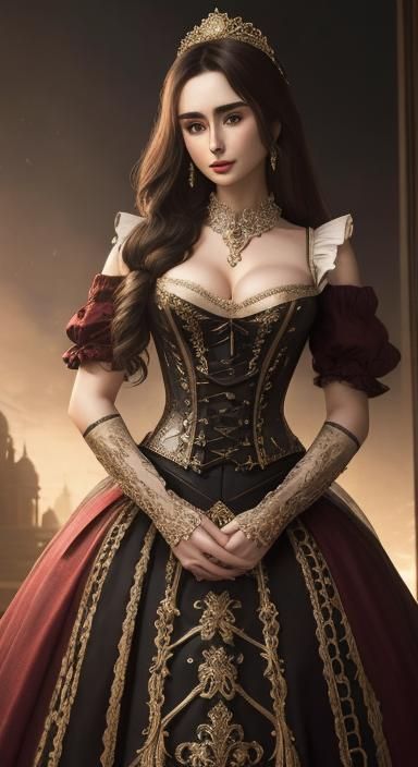 Lilly Collins in Fitted Bodice and Hoop Skirt