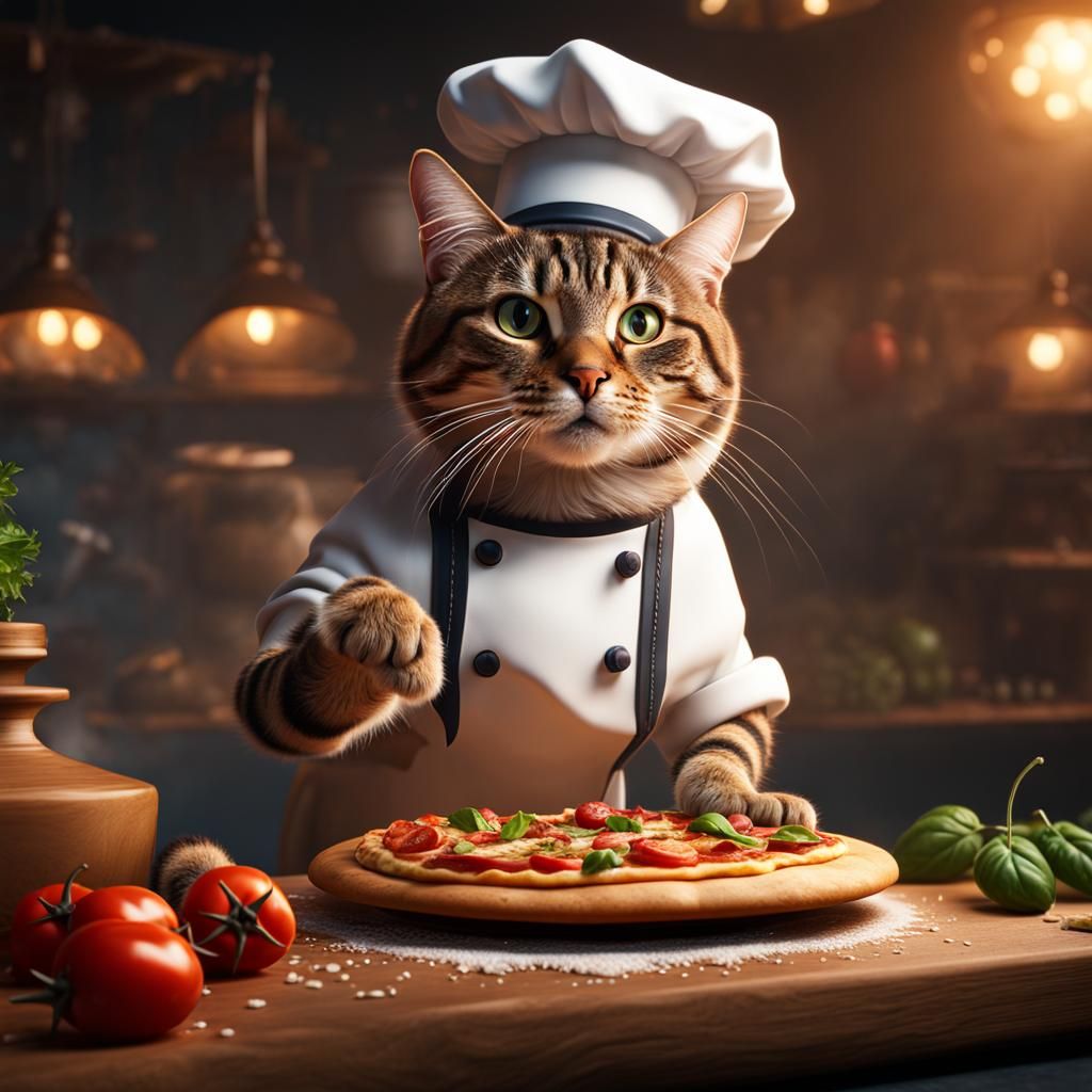 Brown Tabby Cat Chef Making Pizza