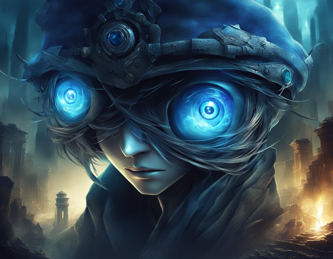 Giant Glowing Eyes in Steam Ruins: Digital Art