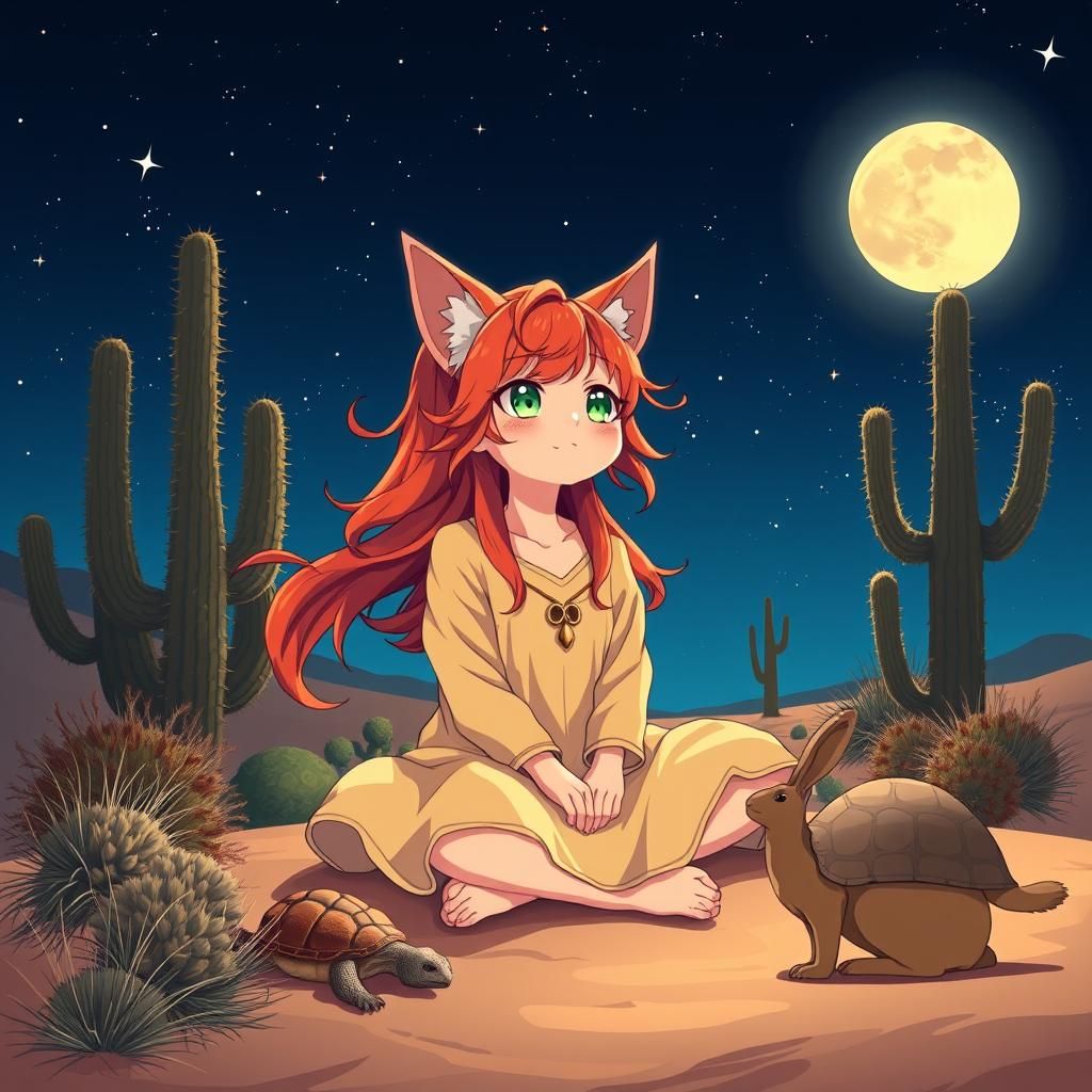 Sandcat Girl Gazing at the Moon in Anime Style
