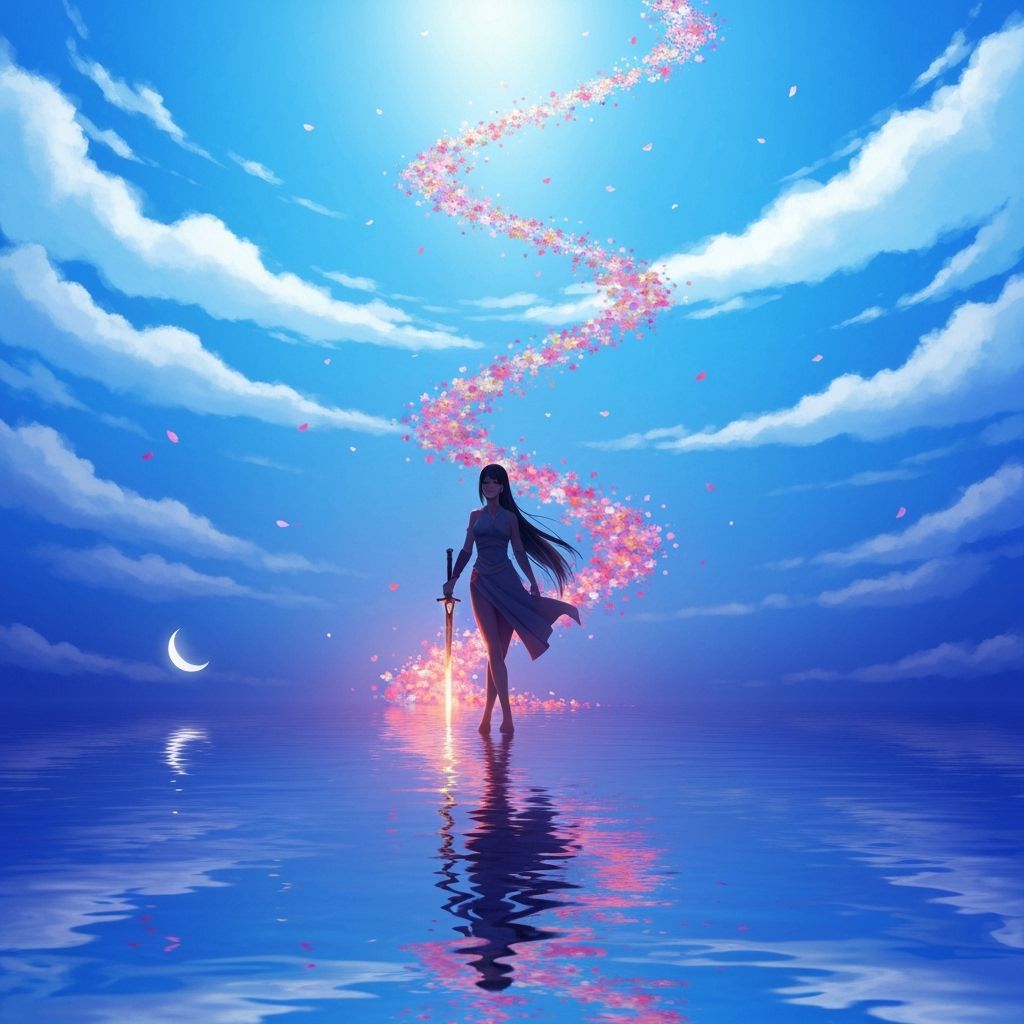 Fantasy Warrior on Blossom Path Under Blue Sky