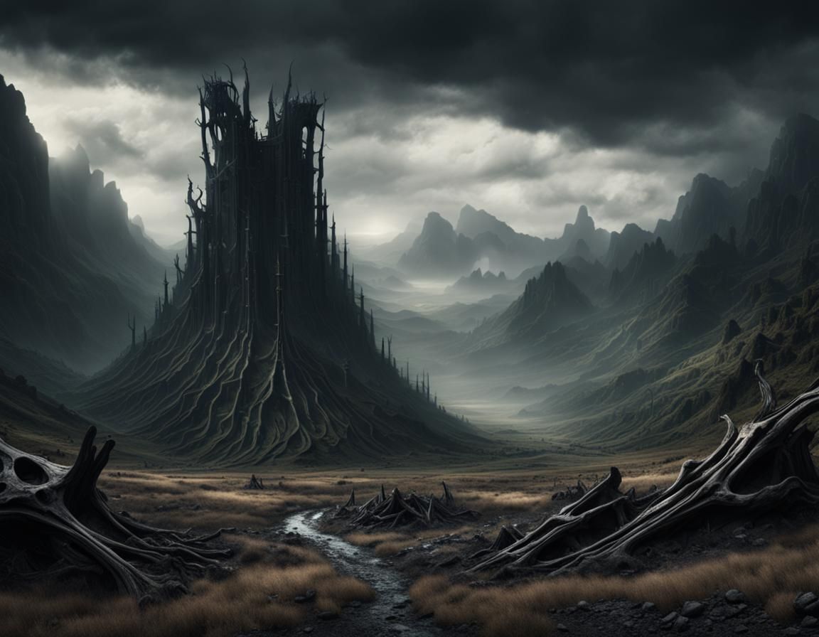 Dramatic Dark Valley with Giant Bones: Digital Matte Paintin...