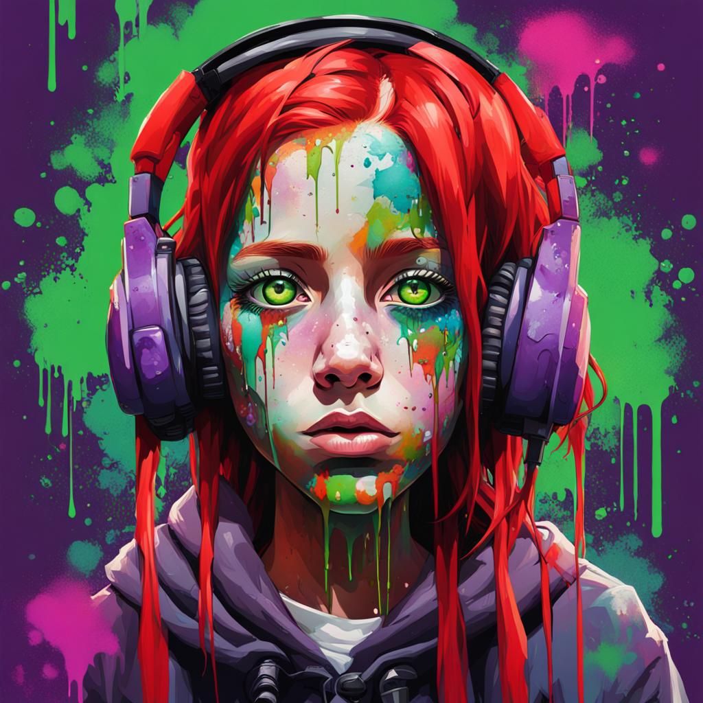 Graffiti Art Portrait with Green Skin and Purple Eyes