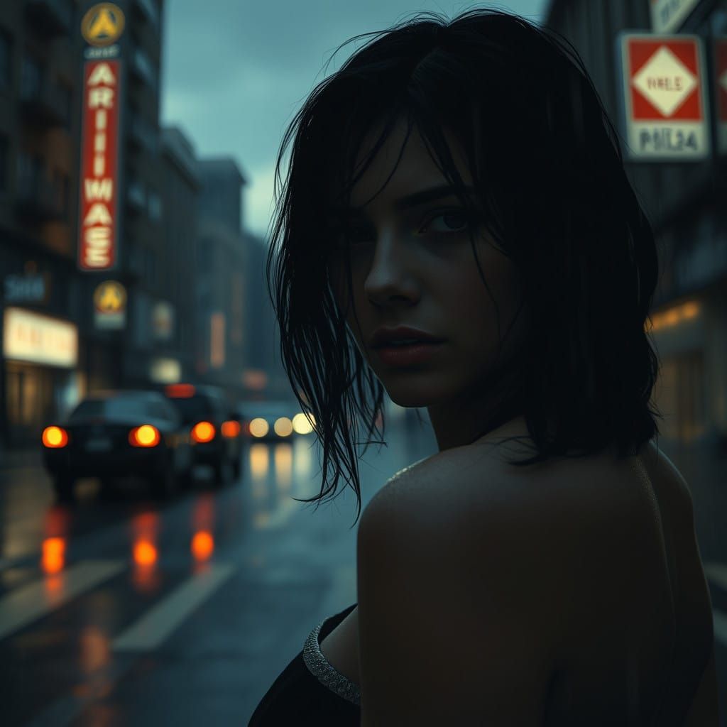 Lost Woman in Rainy City Dusk