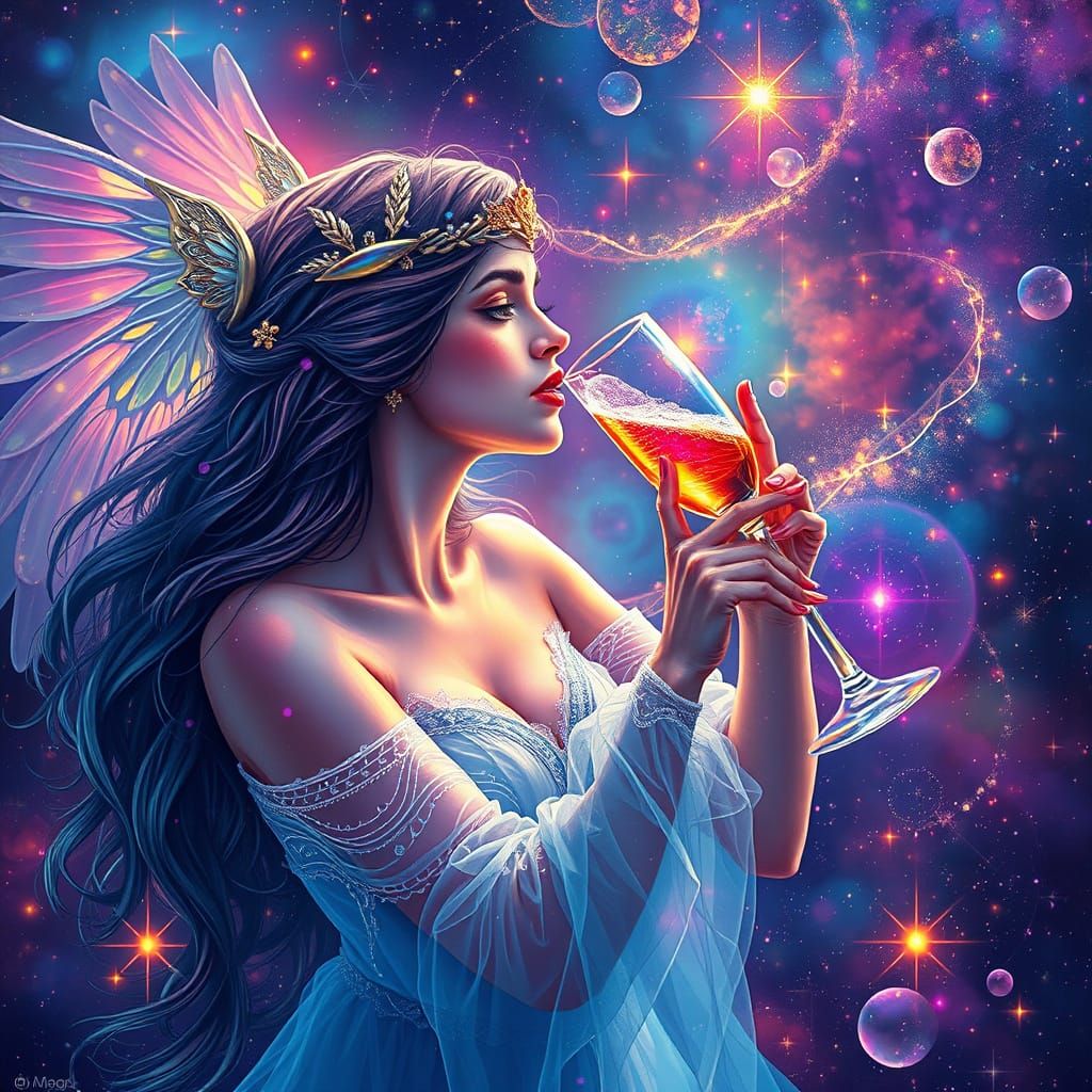 Ethereal Figure Sips Champagne in Astral Cosmic Illustration