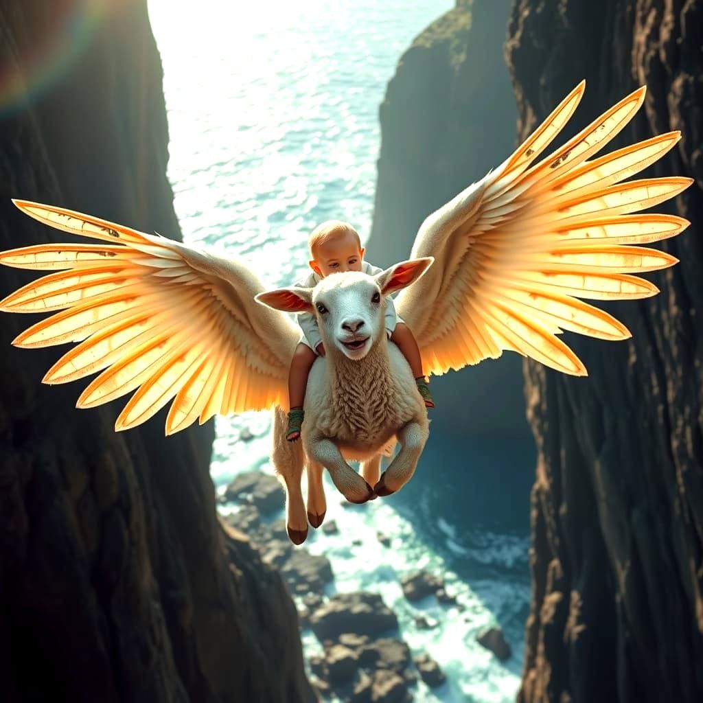 Winged Lamb and Child Flying Through Cliffs