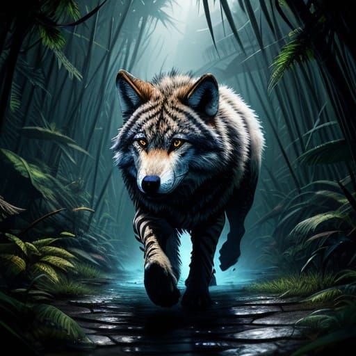 Wolf with Zebra Stripes on Jungle Path Splash Art
