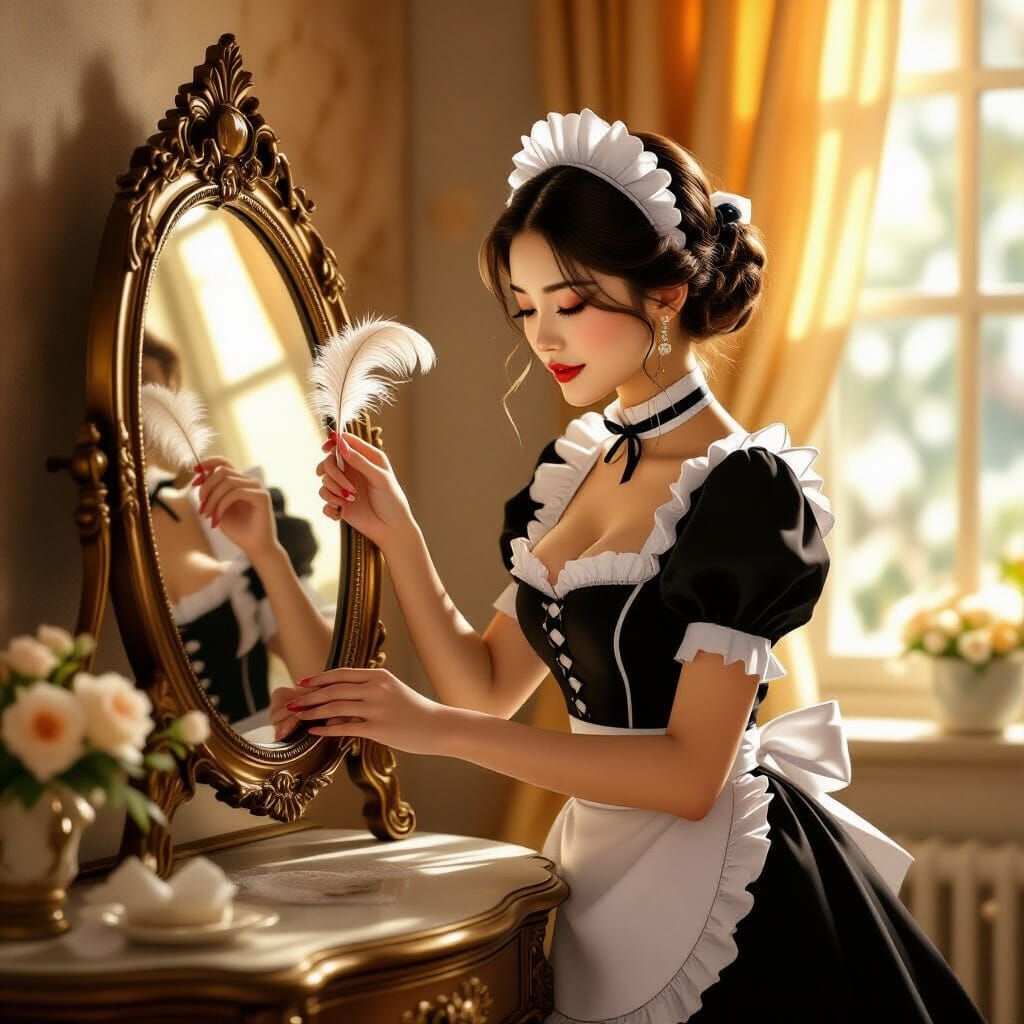 Asian Maid Dusts Vintage Mirror in Golden Light