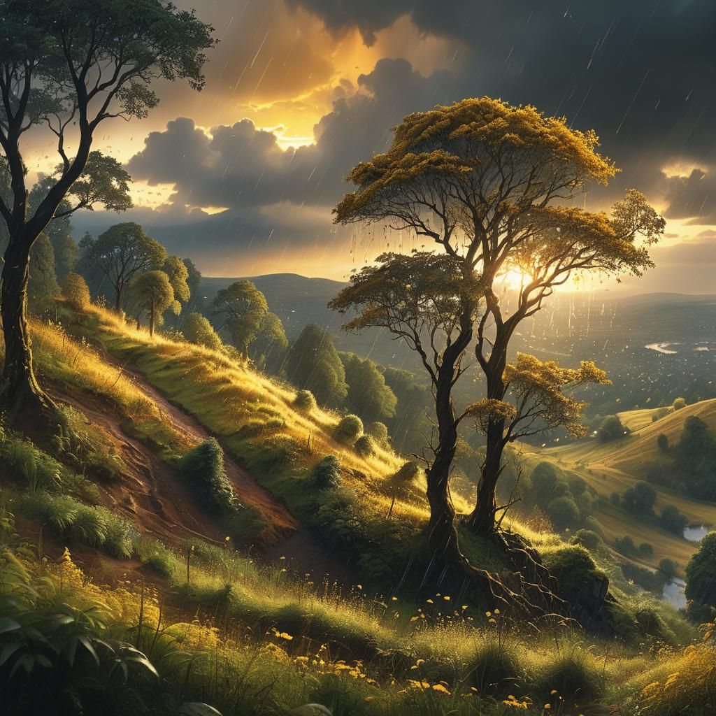 Mystical Faerie Forest at Sunset: Golden Trees and Silver Ra...