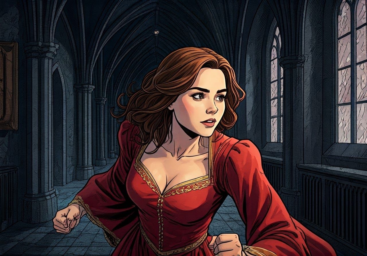 Medieval Clara Oswald Hurries Down a Dimly Lit Hallway