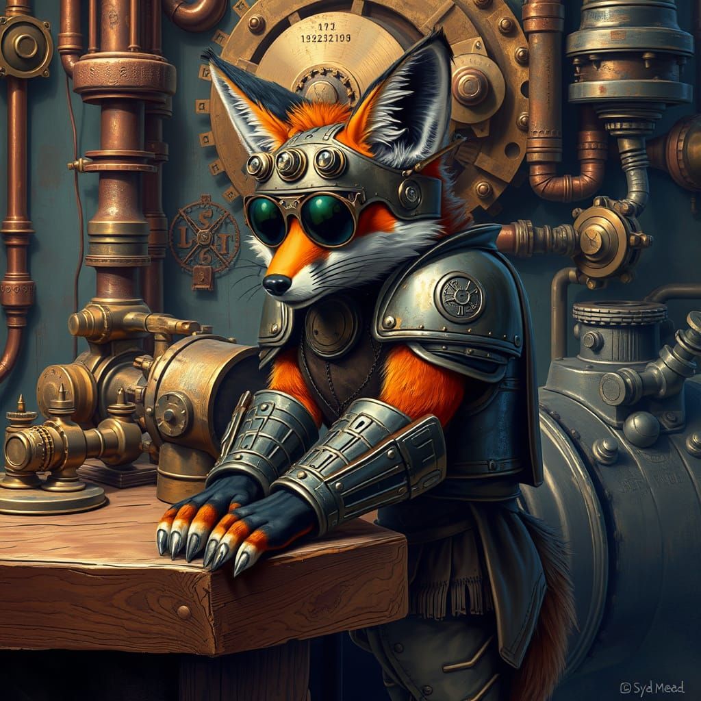 Armored Steampunk Fox with Gears and Engine