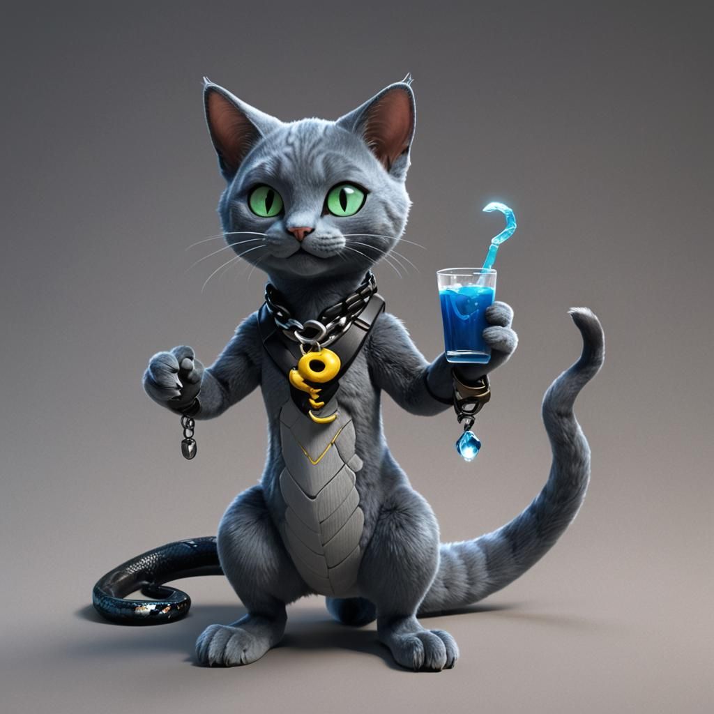 Cat-Snake Plushie with Venom Drink, in 3D Style