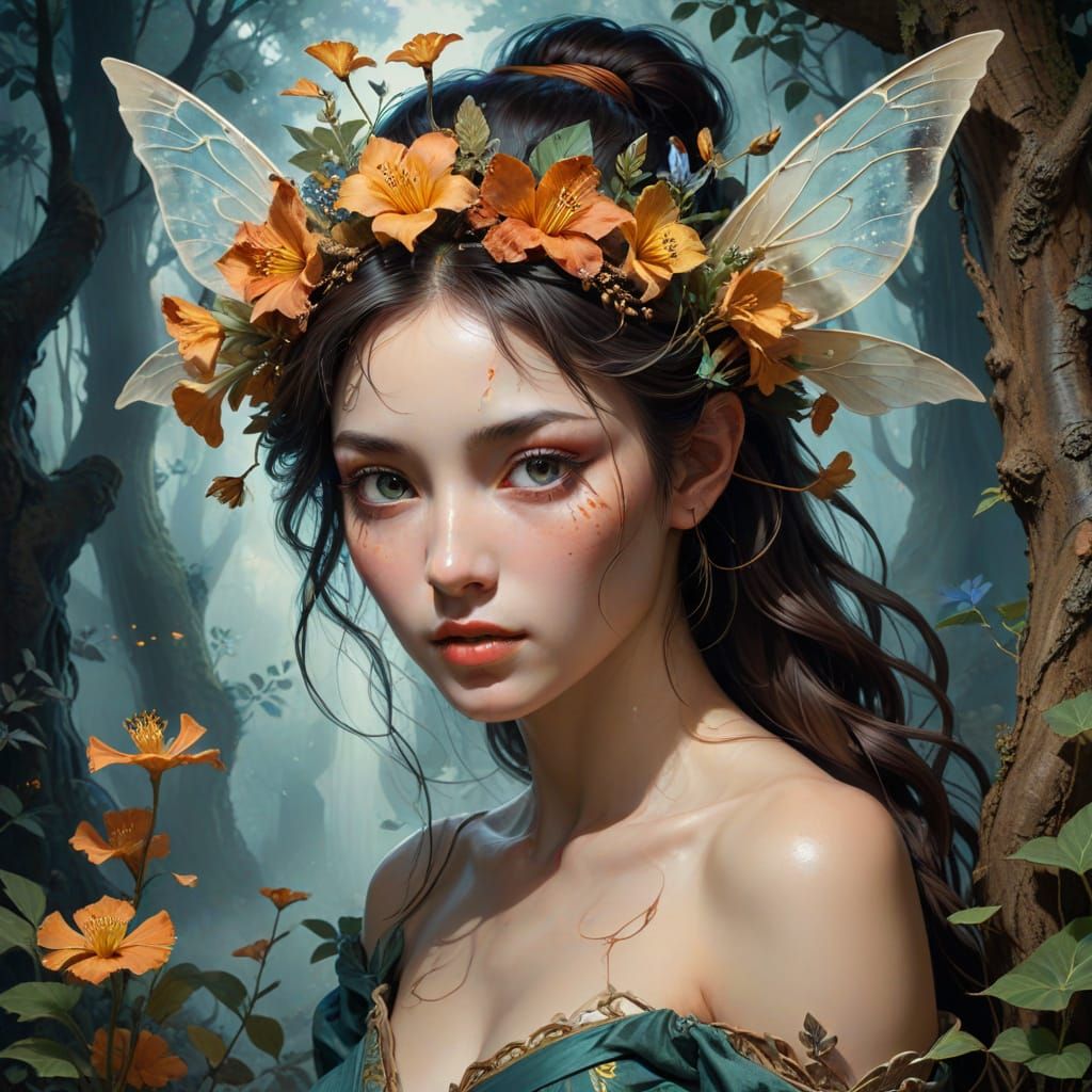 Surreal Fairy Portrait in Ukiyo-E and Dark Fantasy Style