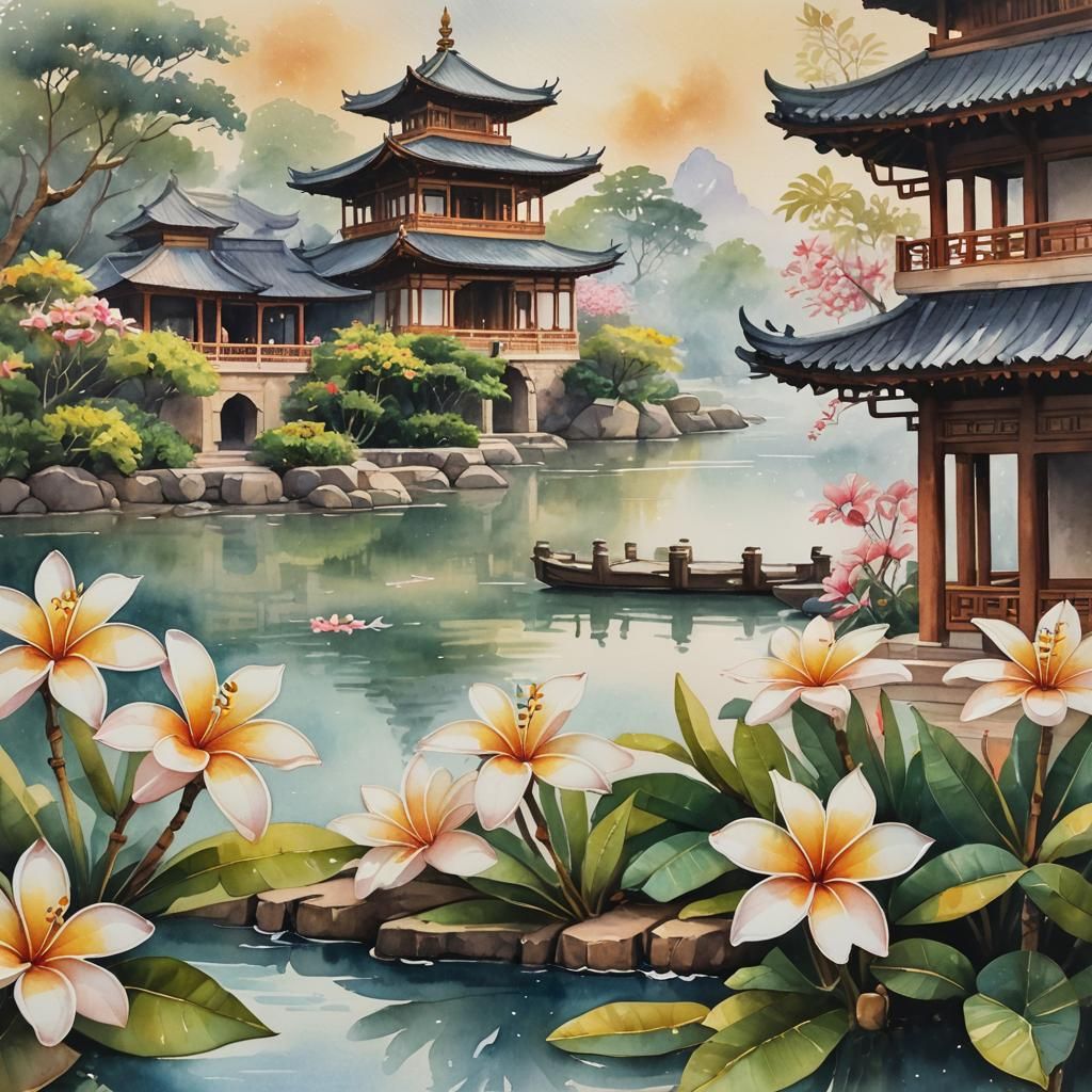 Frangipani Flowers and Asian Architecture in Watercolour