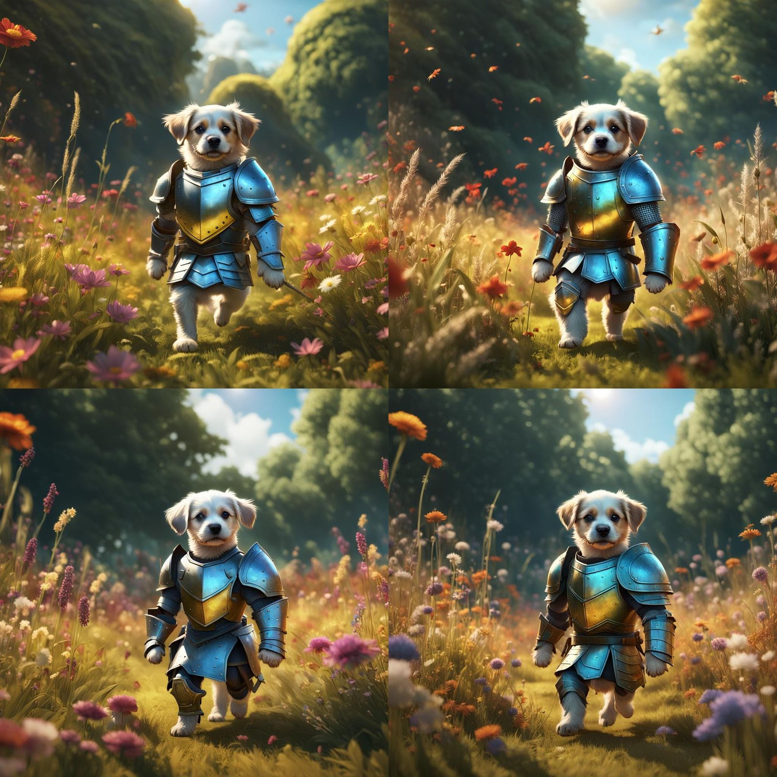 Puppy in Armour Walks Through Colourful Field