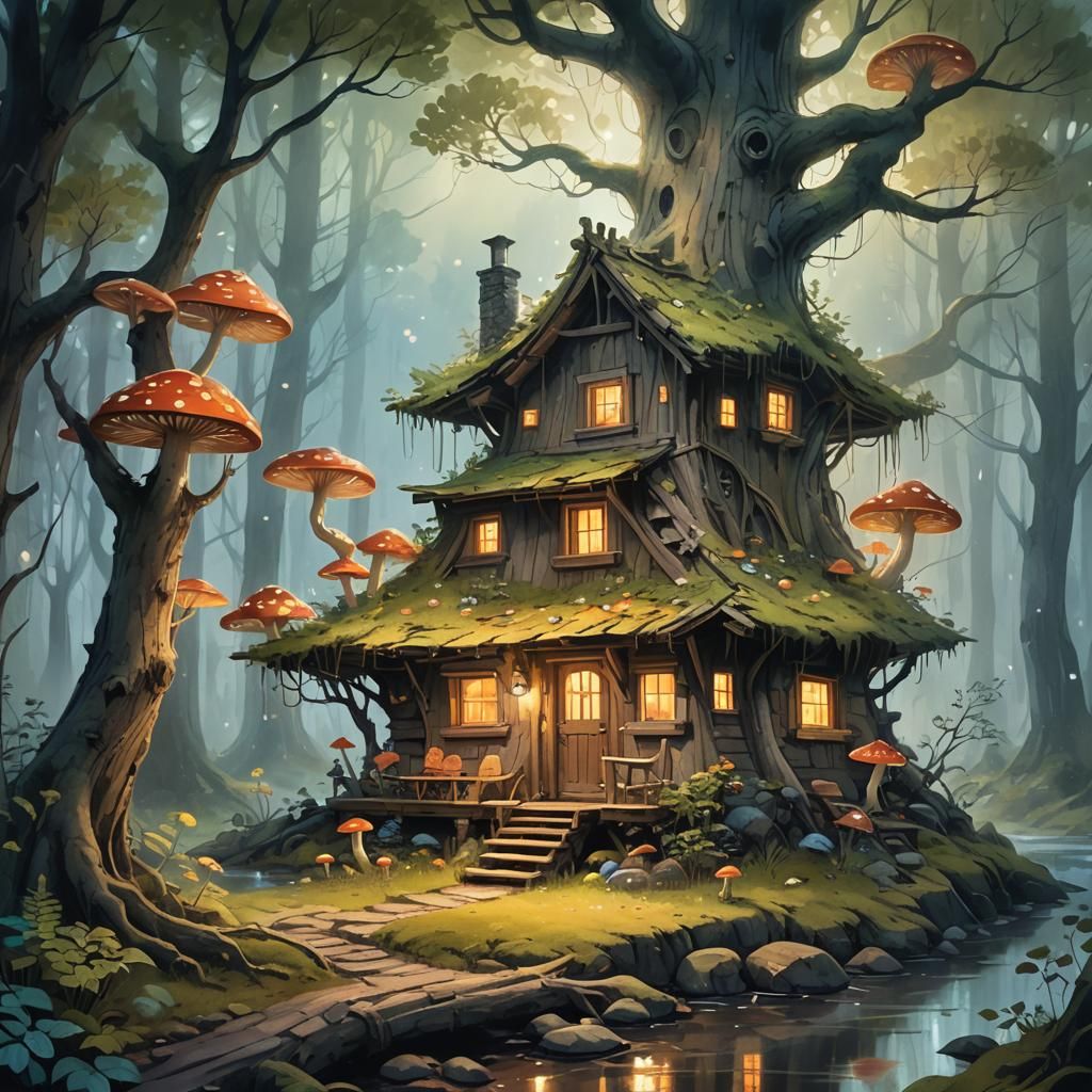 Cozy Cabin in Whimsical Fantasy Art Style