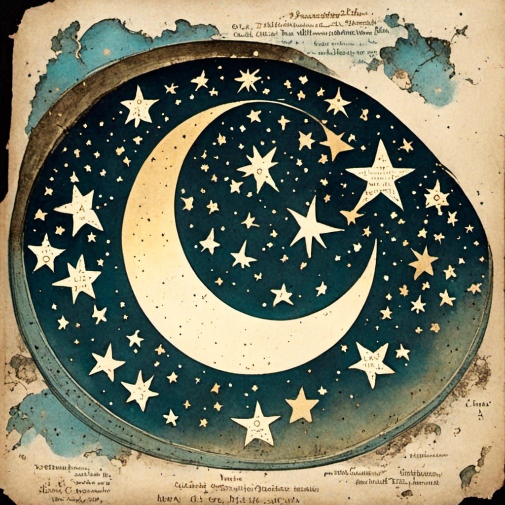 Vintage Crescent Moon and Stars Illustration Collage