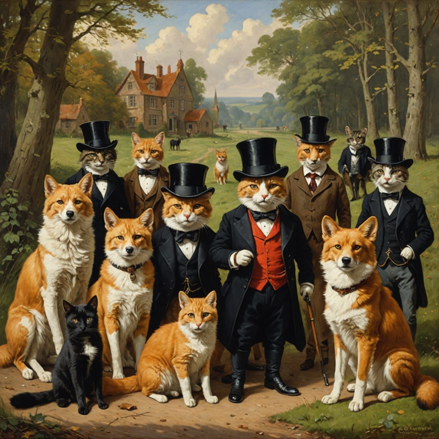 Cats Hunt Fox in Top Hats, Oil Painting