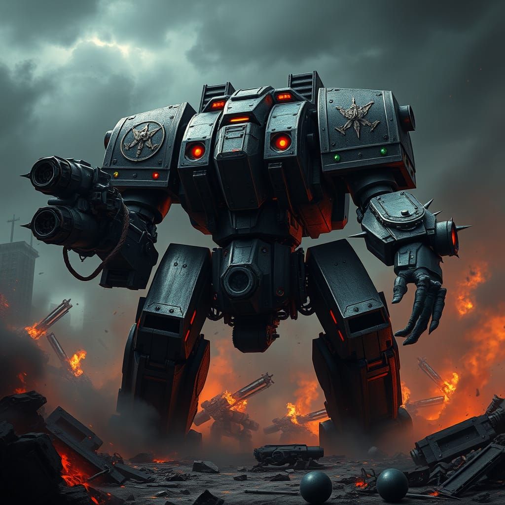 Grimdark Juggernaut Mech in a Ravaged Battlefield