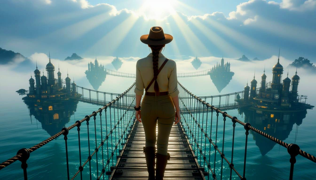 Woman on Suspension Bridge to Floating Cities