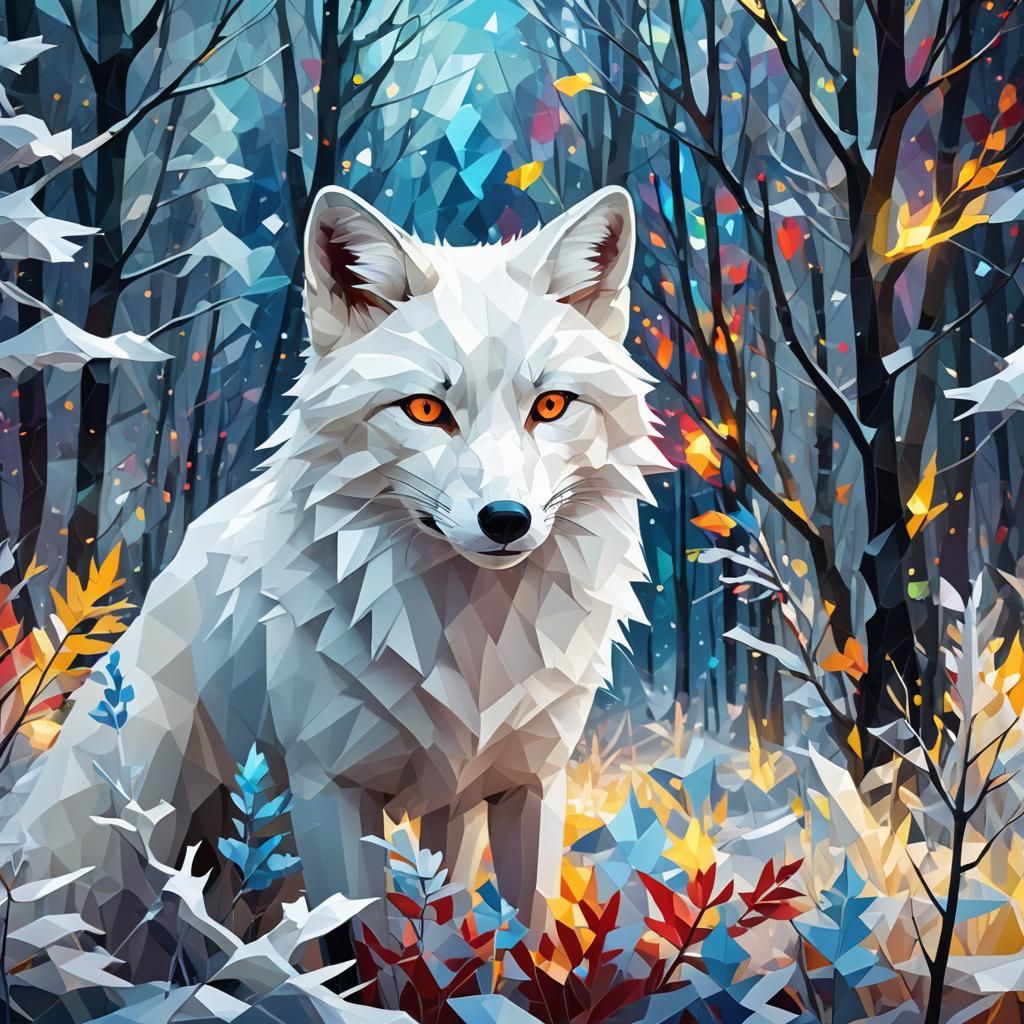 Mystical White Fox in Winter Forest: Low-Poly Art