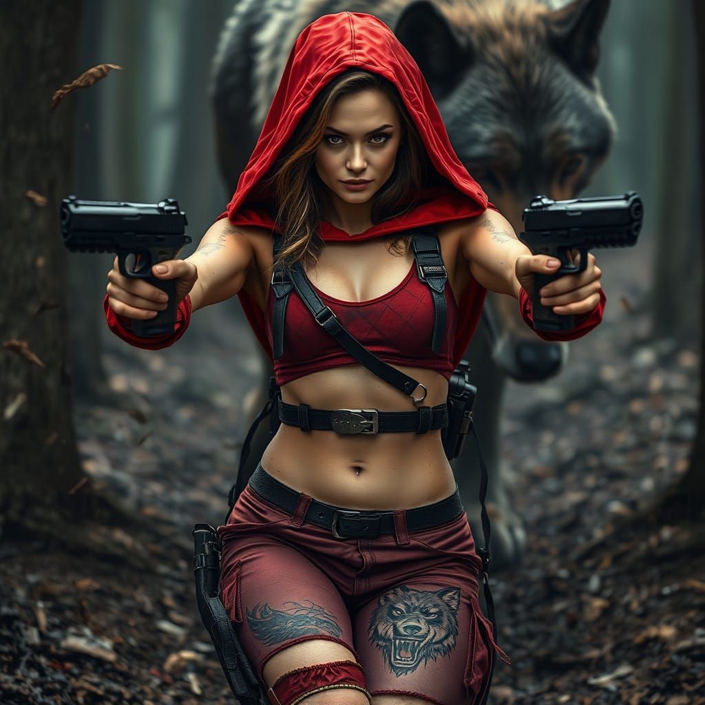 Cyberpunk Red Riding Hood in a Dark Forest