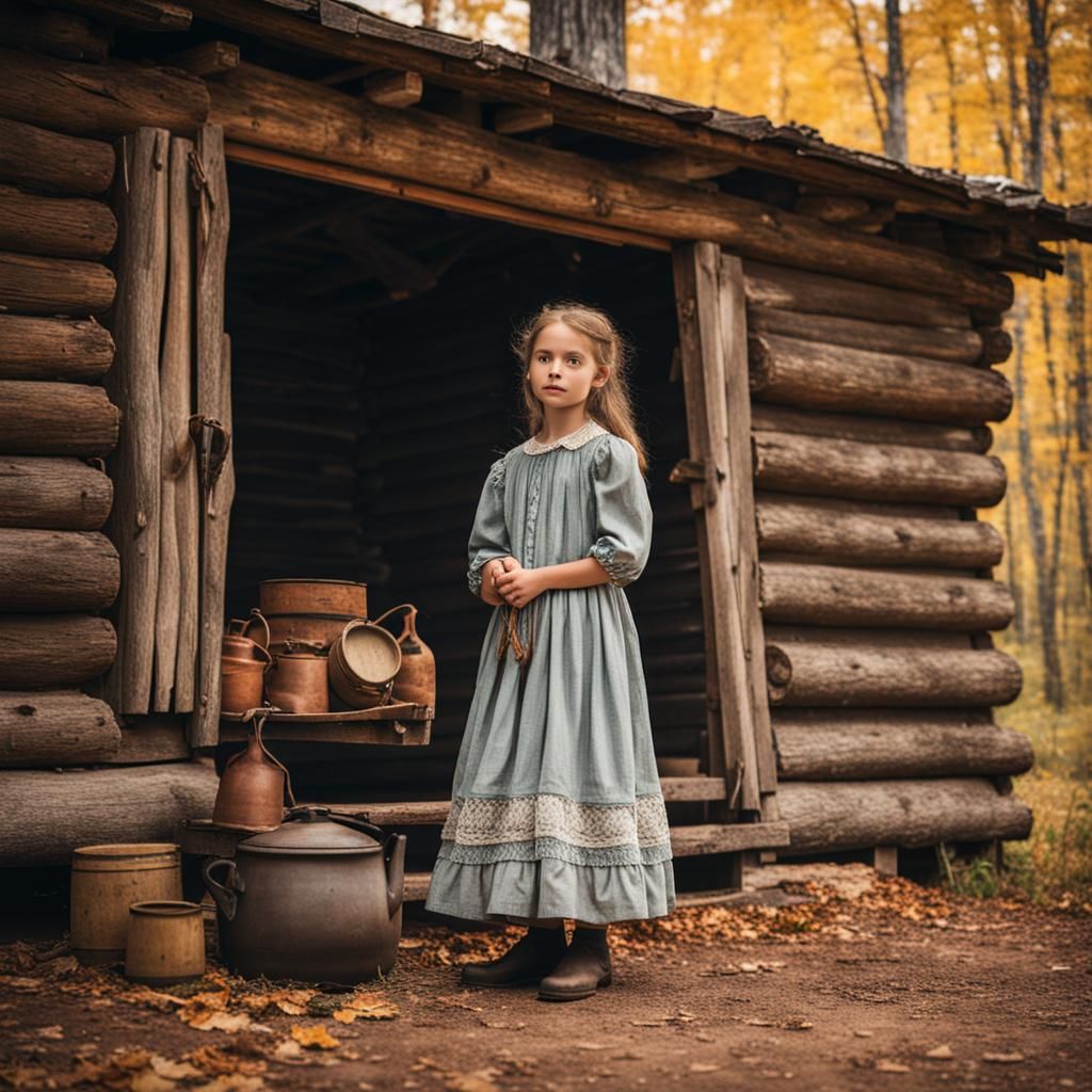 Girl in Old-Fashioned Dress in Rustic Cabin