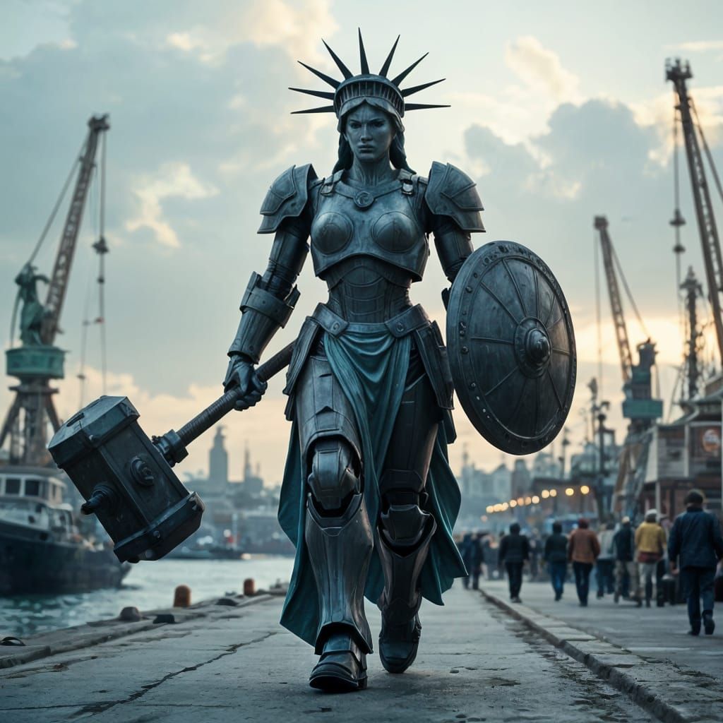 Statue of Liberty Robot Walks Through Harbor