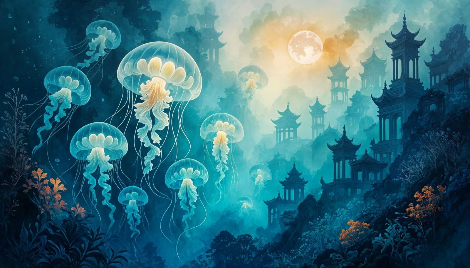Bioluminescent Jellyfish in Atlantis: Chinese Ink Painting